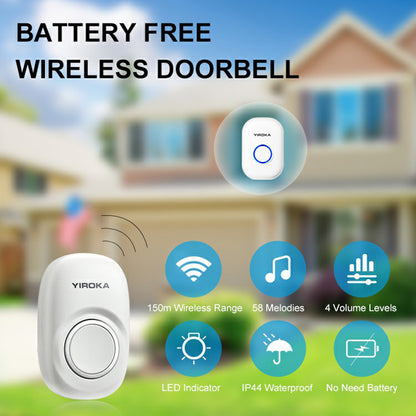 YIROKA YZ01-101 Self Powered Wireless Smart Doorbell IP44 Waterproof Electric Door Bell with 150m Range/4 Volume Levels/LED Indicator