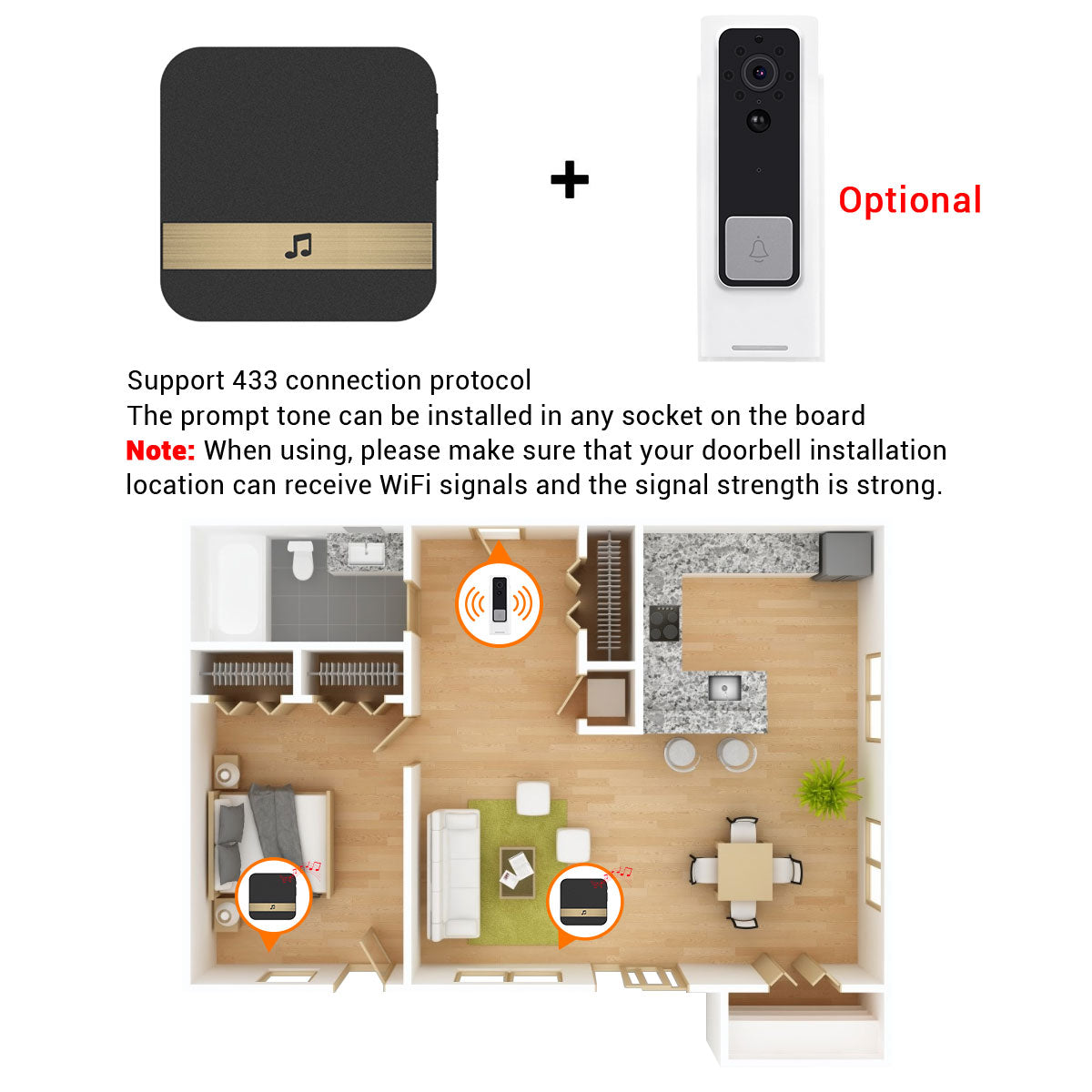 433MHz Wireless Smart Video Doorbell Chime Music Receiver Home Security Indoor Intercom Door Bell