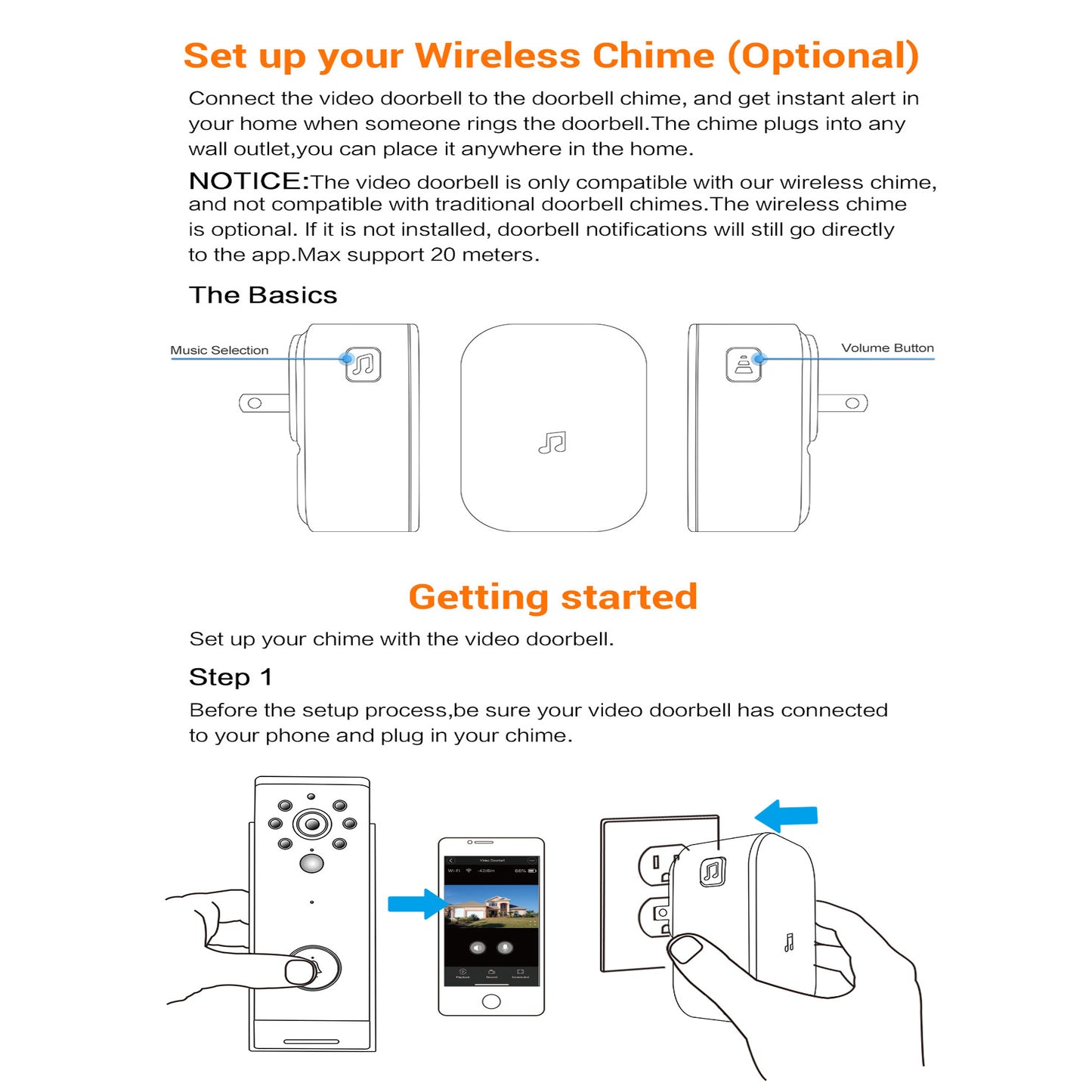 433MHz Plug-in Chime Wireless Video Doorbell Adjustable Volume Music Selection Ding-Dong Door Bell