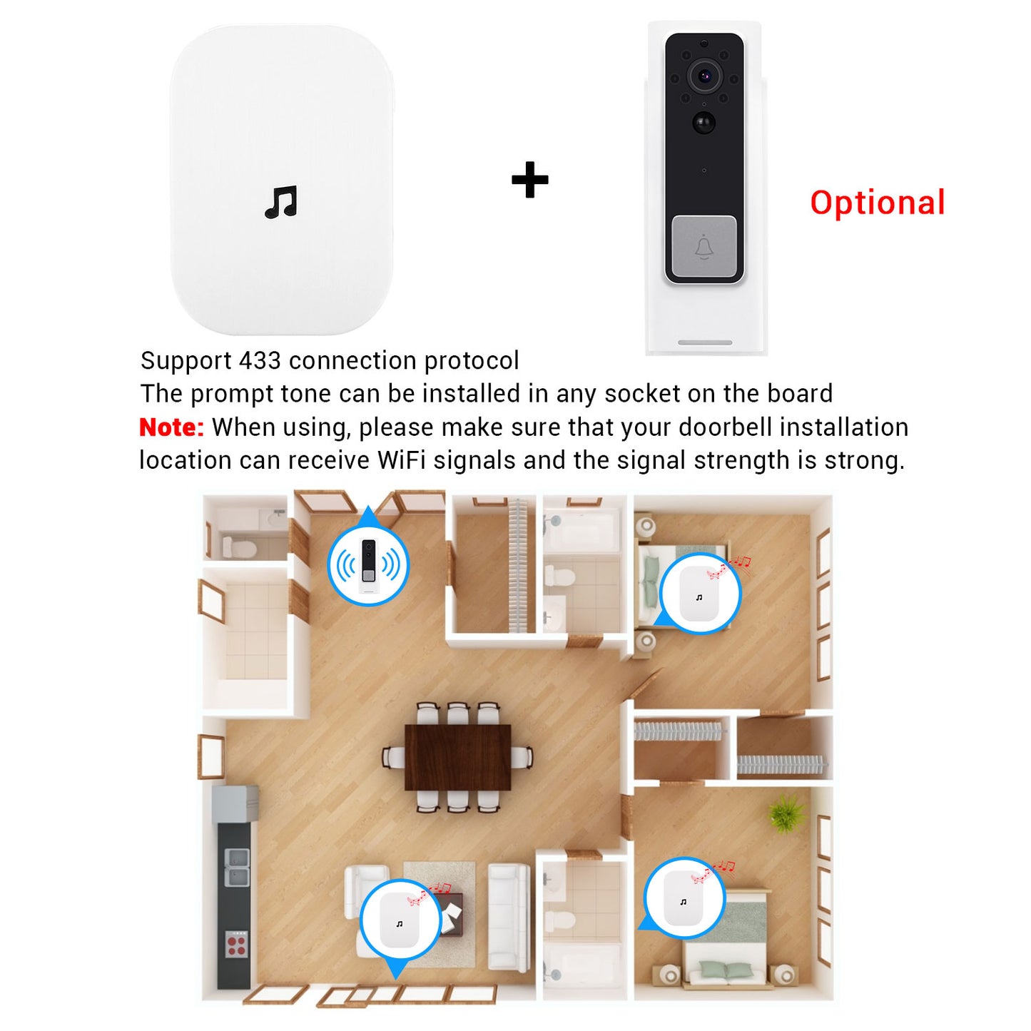 433MHz Plug-in Chime Wireless Video Doorbell Adjustable Volume Music Selection Ding-Dong Door Bell