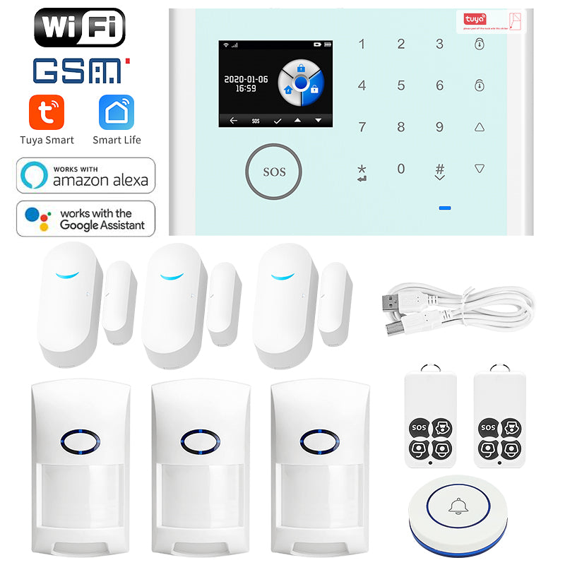 CS118 WiFi GSM Anti-theft Home Intruder Smart Alarm System 3 Door Magnetic Sensors 2 Remote Controls Touch Screen Host Tuya APP Voice Control Security System