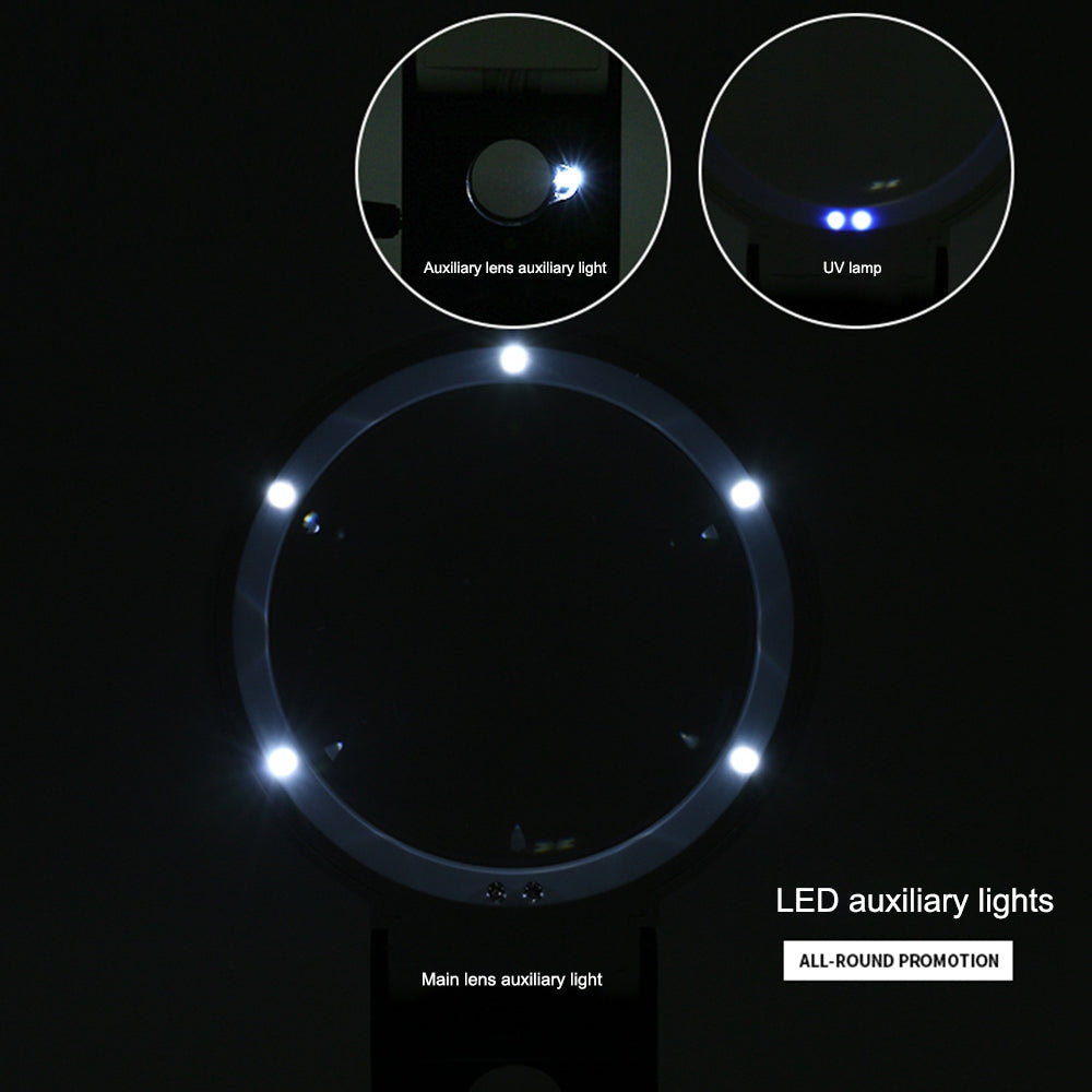 7018B 90mm UV LED Magnifier Foldable Design 5X 25X Magnifying Glass for Jewelry Diamonds Cash Money