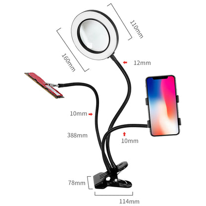 3160A 160mm Illuminating Magnifier 360-degree Rotation 10X Magnification with Fill Light and Phone Clamp