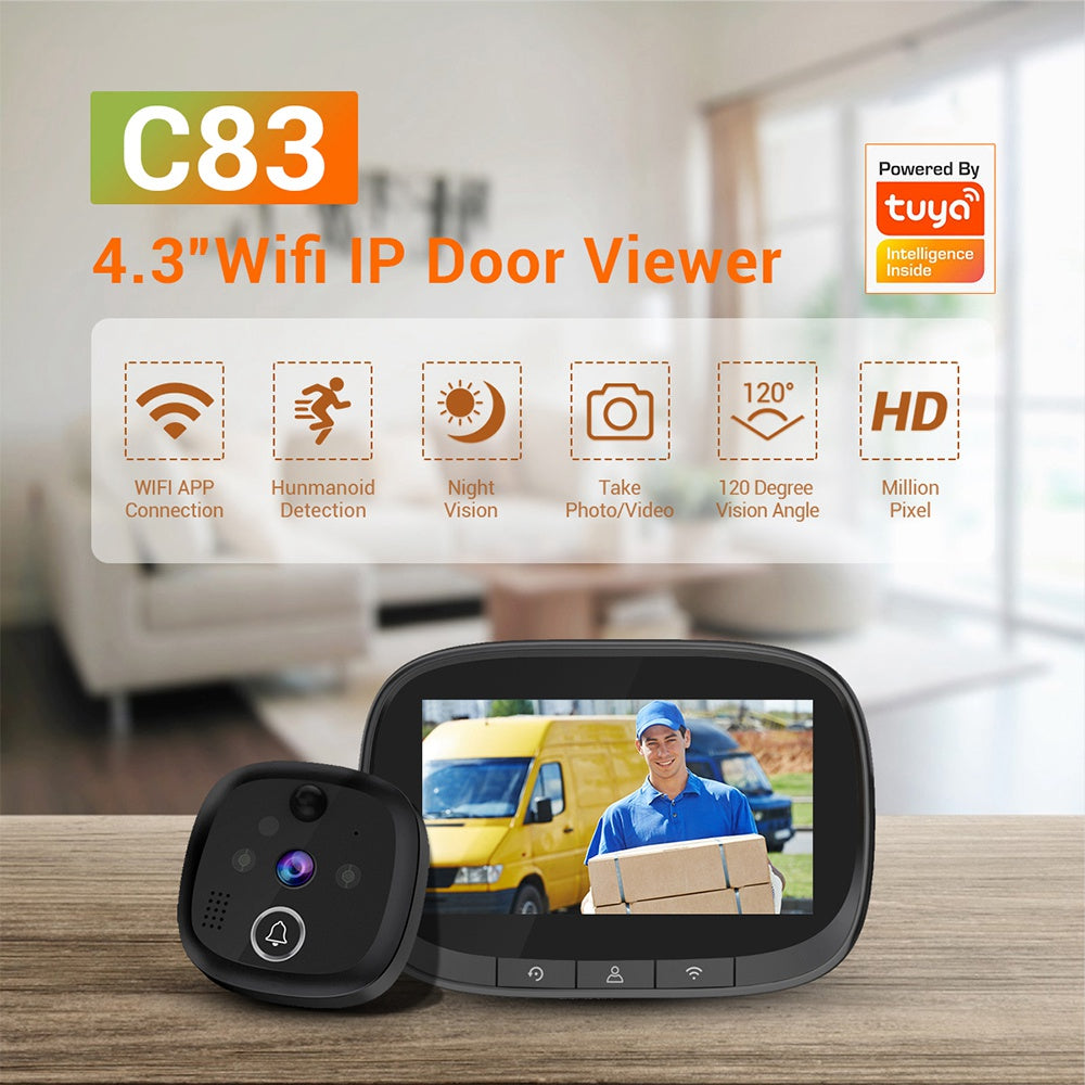 C83 WiFi IP Door Viewer Doorbell Night Vision Mobile Detection 4.3" HD Screen 120 Degree Wide Angle Peephole Viewer for Home Security Surveillance (Tuya Version)