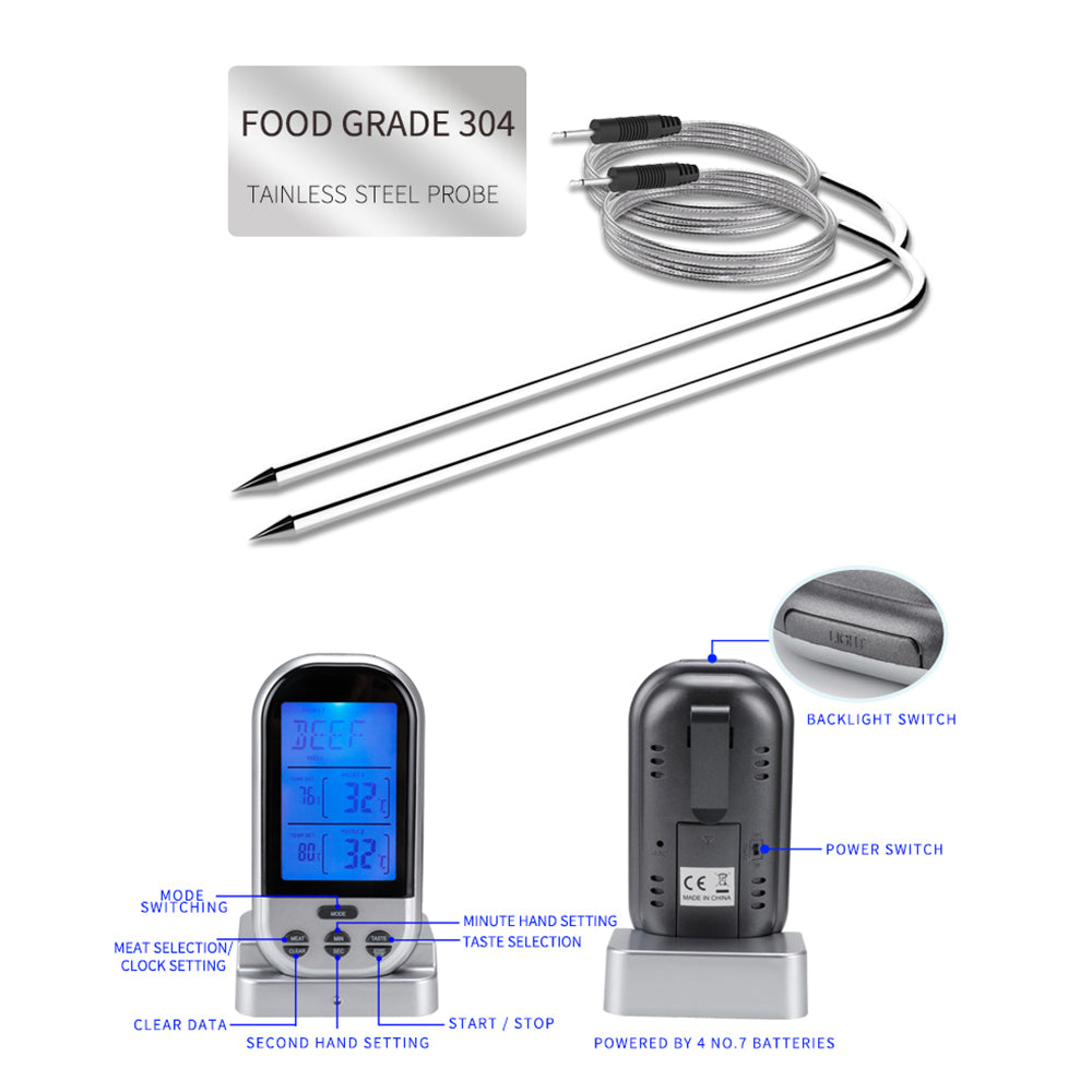 TS-K32 Bidirectional Probe Multifunctional Wireless BBQ Thermometer Food Oven Temperature Measurement Tool (BPA Free, FDA Certificated)