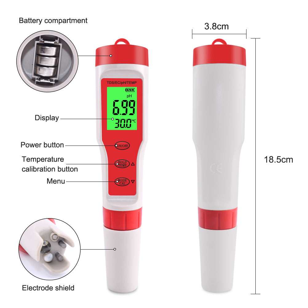 4-in-1 Multifunctional PH / EC / TDS / Temp Meter Portable Water Quality Digital Backlit Tester Pen (without Battery)