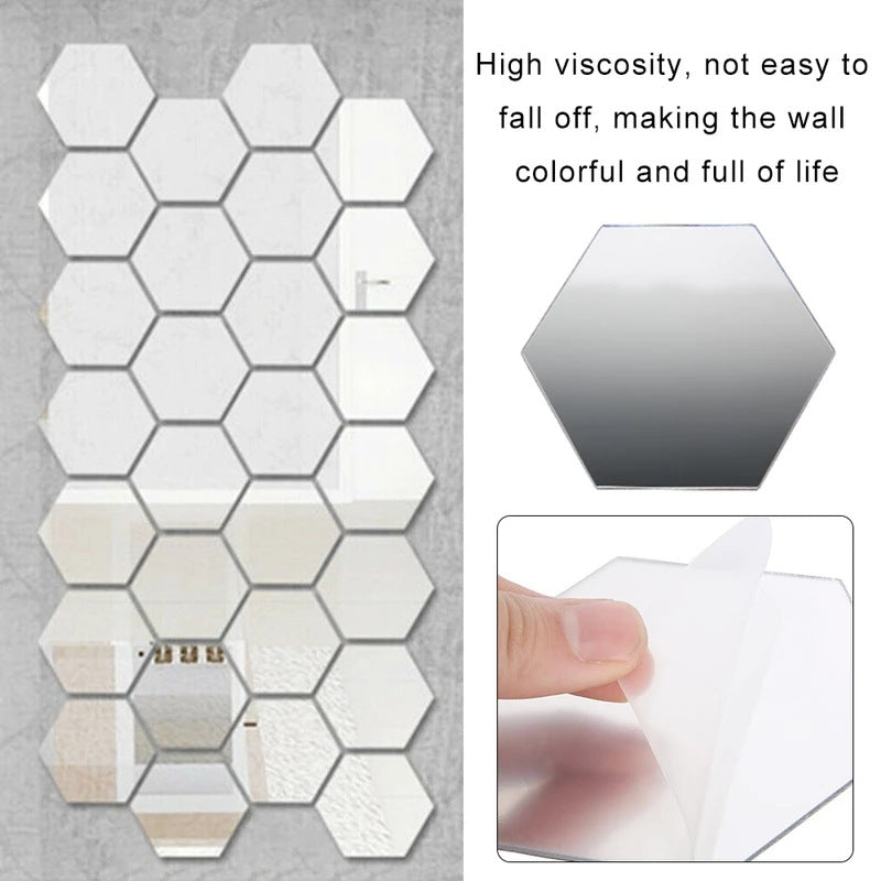 H01209 12Pcs 10 x 8.5 x 5cm Hexagon Mirror Wall Stickers Acrylic Mirror Set Wall Sticker Decal for Home Decor