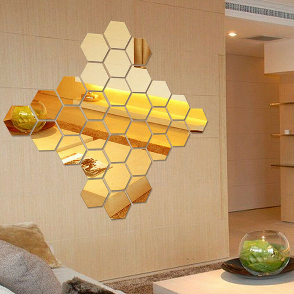 H01209 12Pcs 10 x 8.5 x 5cm Hexagon Mirror Wall Stickers Acrylic Mirror Set Wall Sticker Decal for Home Decor