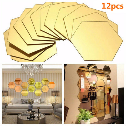 H01209 12Pcs 10 x 8.5 x 5cm Hexagon Mirror Wall Stickers Acrylic Mirror Set Wall Sticker Decal for Home Decor