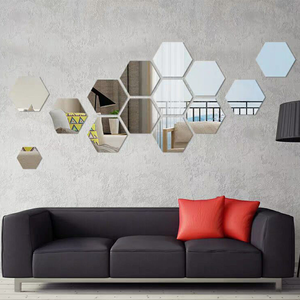 H01209 12Pcs 10 x 8.5 x 5cm Hexagon Mirror Wall Stickers Acrylic Mirror Set Wall Sticker Decal for Home Decor