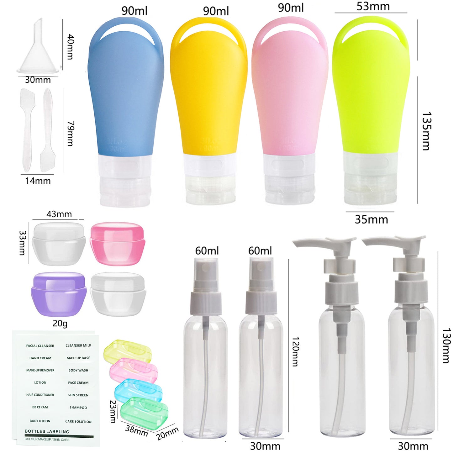 H01244 21Pcs Toiletries Travel Bottle Set Leak Proof Refillable Container for Lotion Liquid Shampoos