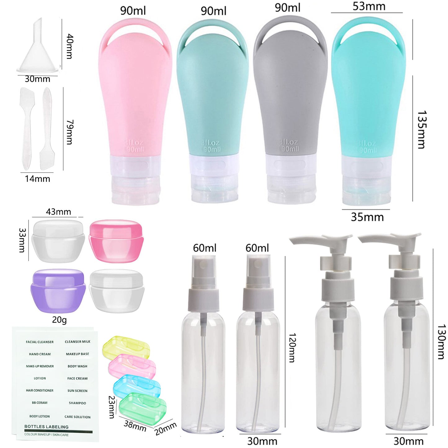 H01244 21Pcs Toiletries Travel Bottle Set Leak Proof Refillable Container for Lotion Liquid Shampoos