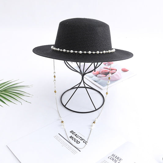 Women Casual Sunshade Width Brim Flat Top Holiday Beach Straw Hats Elegant Lady Bead Chain Sun Hat