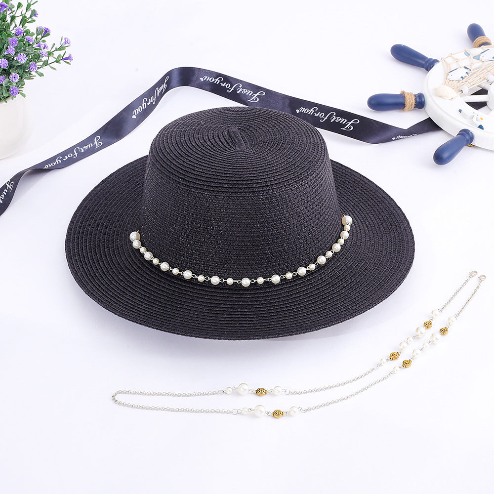 Women Casual Sunshade Width Brim Flat Top Holiday Beach Straw Hats Elegant Lady Bead Chain Sun Hat