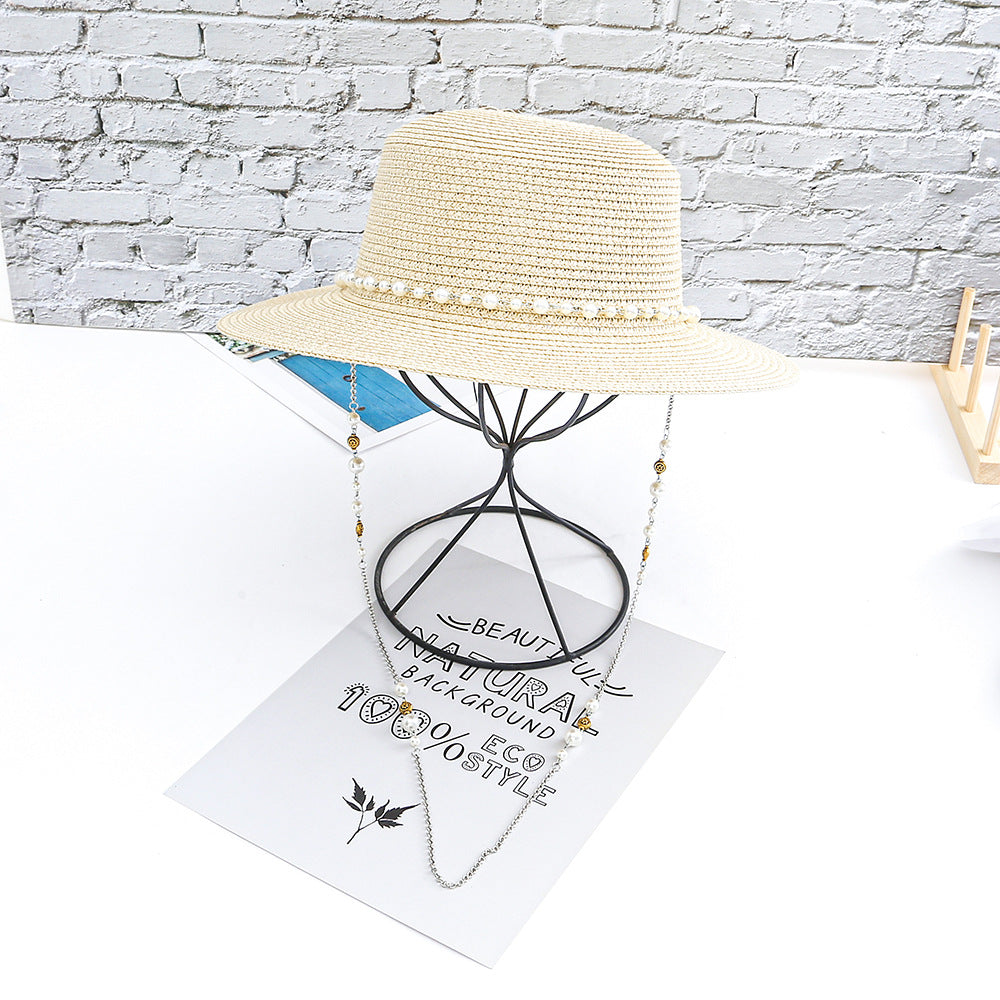 Women Casual Sunshade Width Brim Flat Top Holiday Beach Straw Hats Elegant Lady Bead Chain Sun Hat