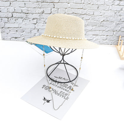 Women Casual Sunshade Width Brim Flat Top Holiday Beach Straw Hats Elegant Lady Bead Chain Sun Hat