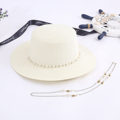 Women Casual Sunshade Width Brim Flat Top Holiday Beach Straw Hats Elegant Lady Bead Chain Sun Hat