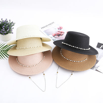 Women Casual Sunshade Width Brim Flat Top Holiday Beach Straw Hats Elegant Lady Bead Chain Sun Hat