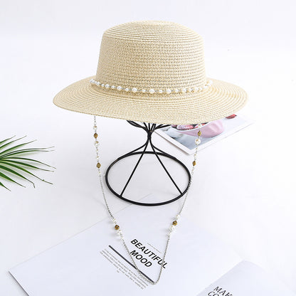 Women Casual Sunshade Width Brim Flat Top Holiday Beach Straw Hats Elegant Lady Bead Chain Sun Hat