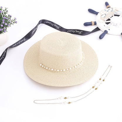 Women Casual Sunshade Width Brim Flat Top Holiday Beach Straw Hats Elegant Lady Bead Chain Sun Hat