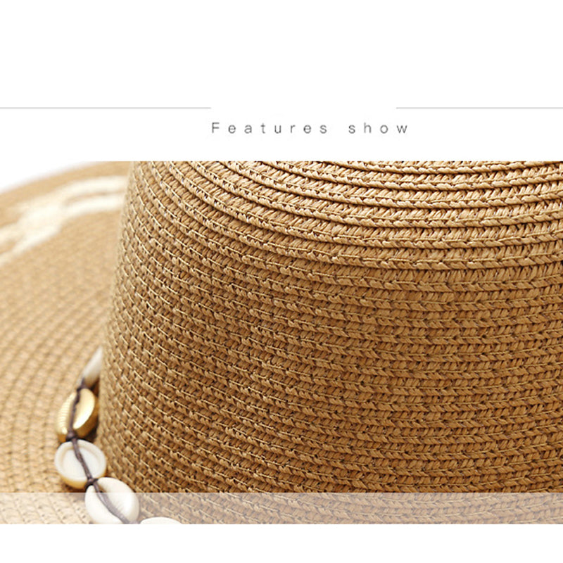 Women Casual Sunshade Width Brim Flat Top Holiday Beach Straw Hats Elegant Lady Bead Chain Sun Hat