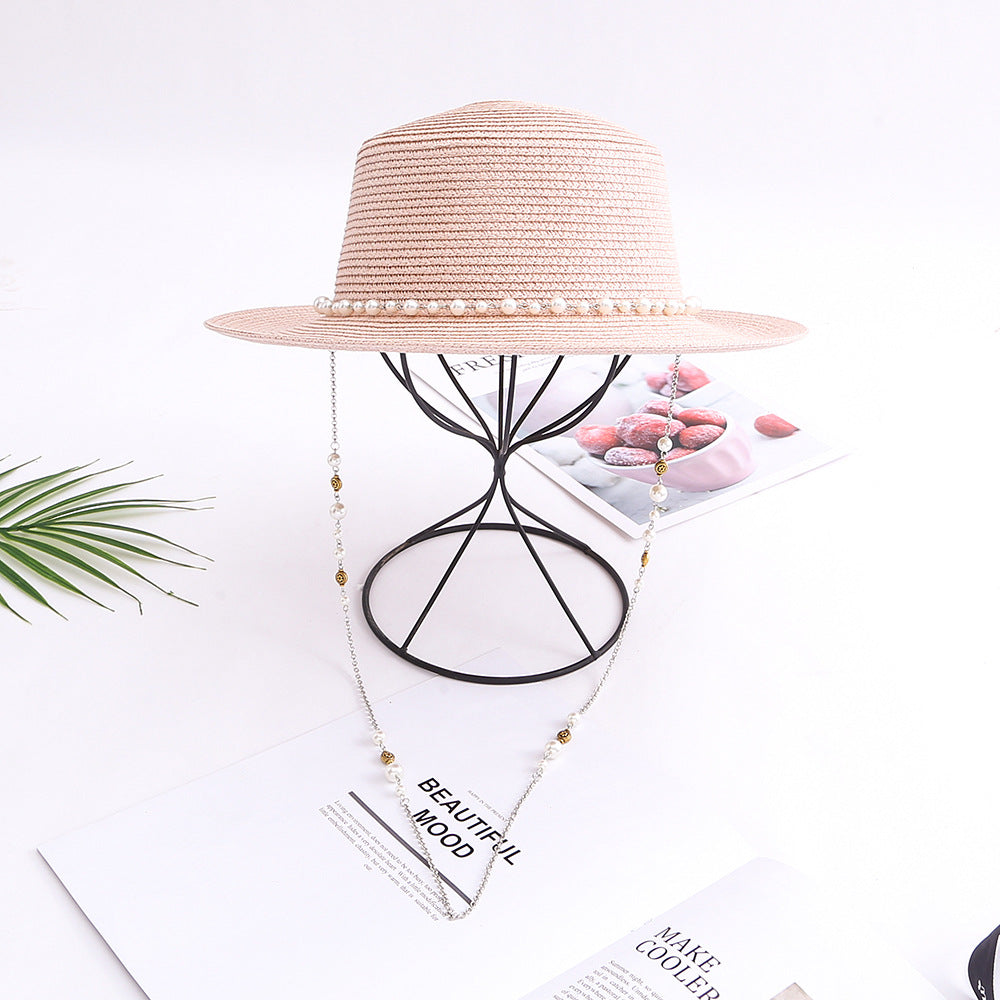 Women Casual Sunshade Width Brim Flat Top Holiday Beach Straw Hats Elegant Lady Bead Chain Sun Hat