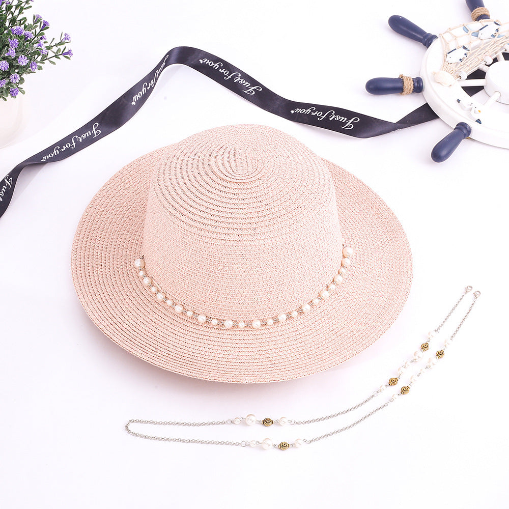 Women Casual Sunshade Width Brim Flat Top Holiday Beach Straw Hats Elegant Lady Bead Chain Sun Hat