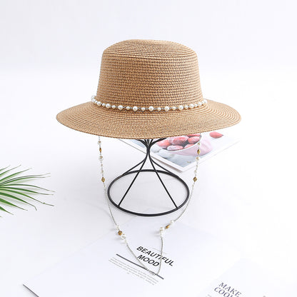 Women Casual Sunshade Width Brim Flat Top Holiday Beach Straw Hats Elegant Lady Bead Chain Sun Hat