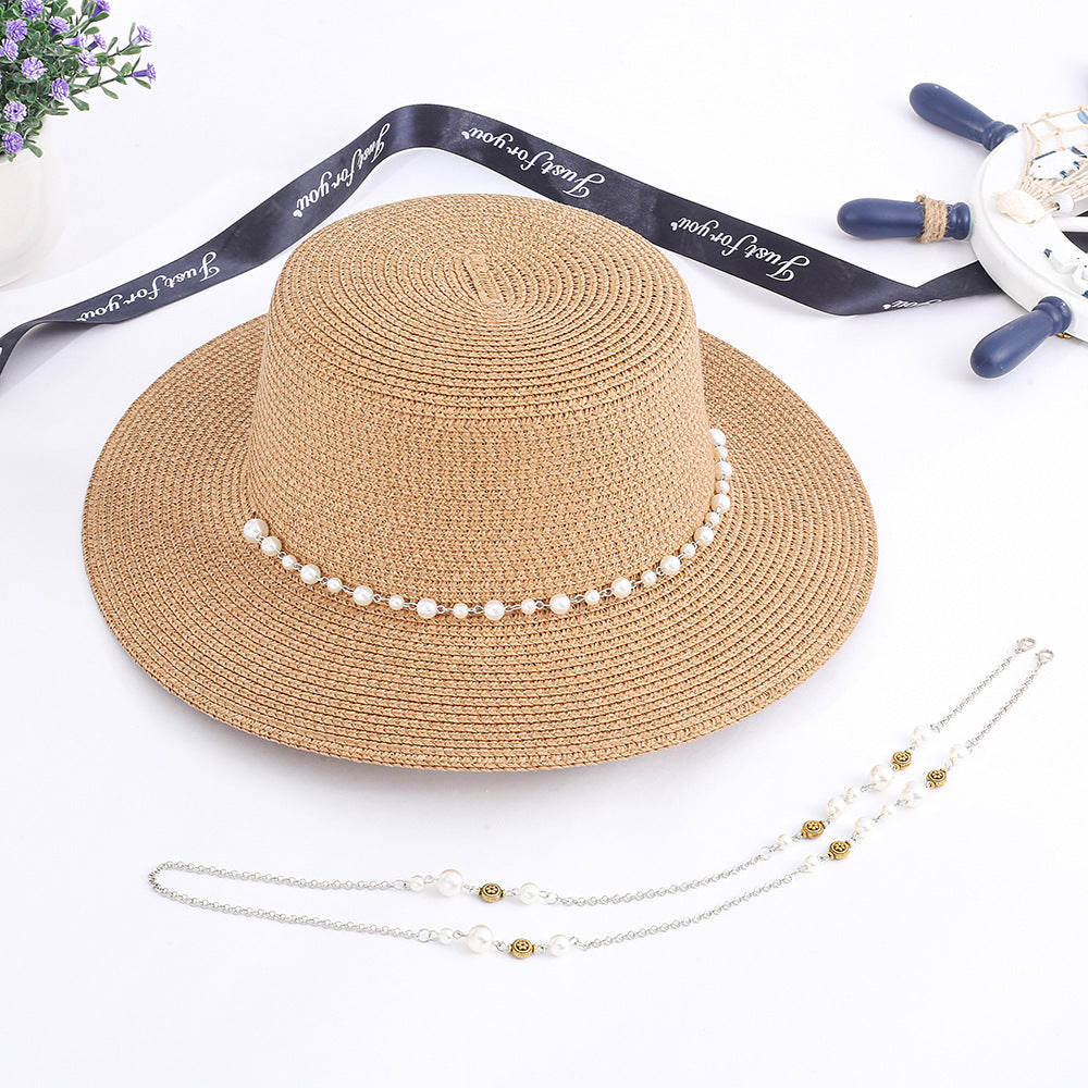 Women Casual Sunshade Width Brim Flat Top Holiday Beach Straw Hats Elegant Lady Bead Chain Sun Hat