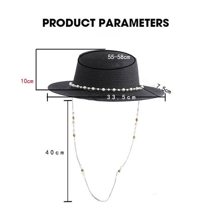 Women Casual Sunshade Width Brim Flat Top Holiday Beach Straw Hats Elegant Lady Bead Chain Sun Hat