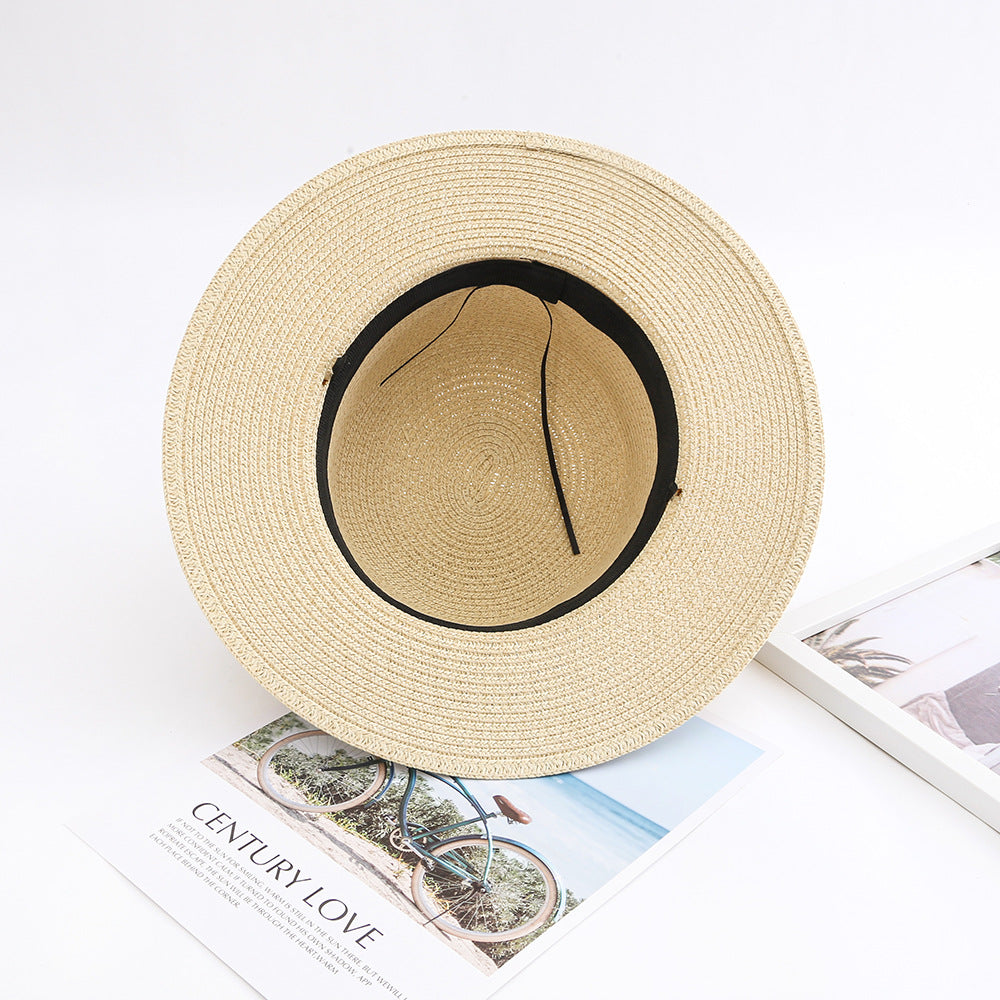 Women Casual Sunshade Width Brim Flat Top Holiday Beach Straw Hats Elegant Lady Bead Chain Sun Hat