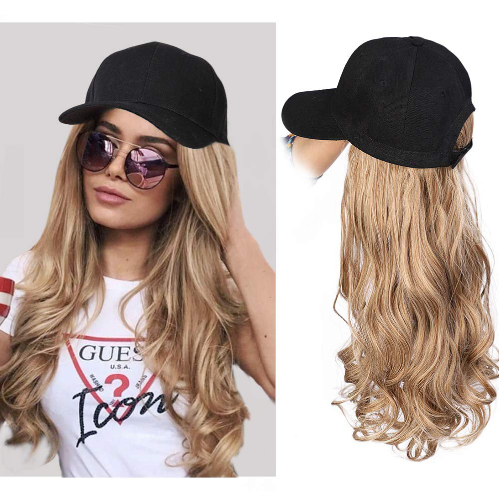 Long Wavy Synthetic Baseball Cap Hair Wig Gold Naturally Connect Hat Wigs Adjustable for Girl