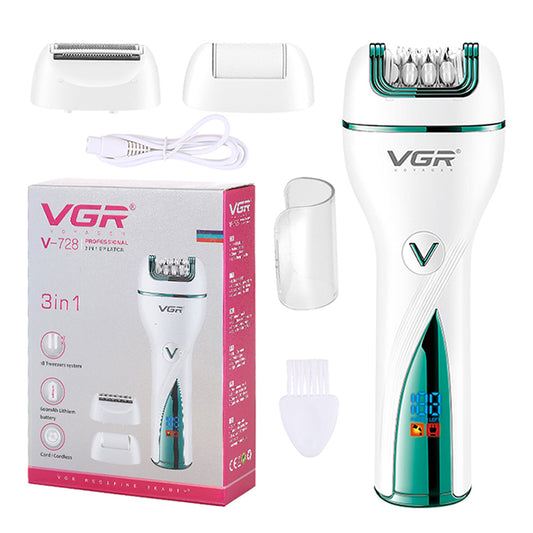 VGR V-728 3 in 1 Portable Electric Epilator Intelligent Digital Display Hair Removal Machine