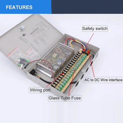 SOMPOM 18 Channel CCTV Power Supply Box for Security Camera System DVRs IP Cameras CCTV Cameras, 12V 15A DC Distributed Power Supply Box with Key Lock