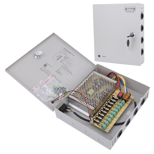 SOMPOM 9 Channel 12V 5A DC Metal Boxed Cabinet Power Supply Unit for Security Camera System DVRs IP Cameras CCTV Cameras