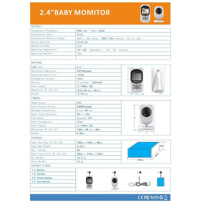 990 VOX Temperature Monitoring Lullabies Night Vision Long Range 2.4 Inch LCD Baby Monitor Wireless Camera