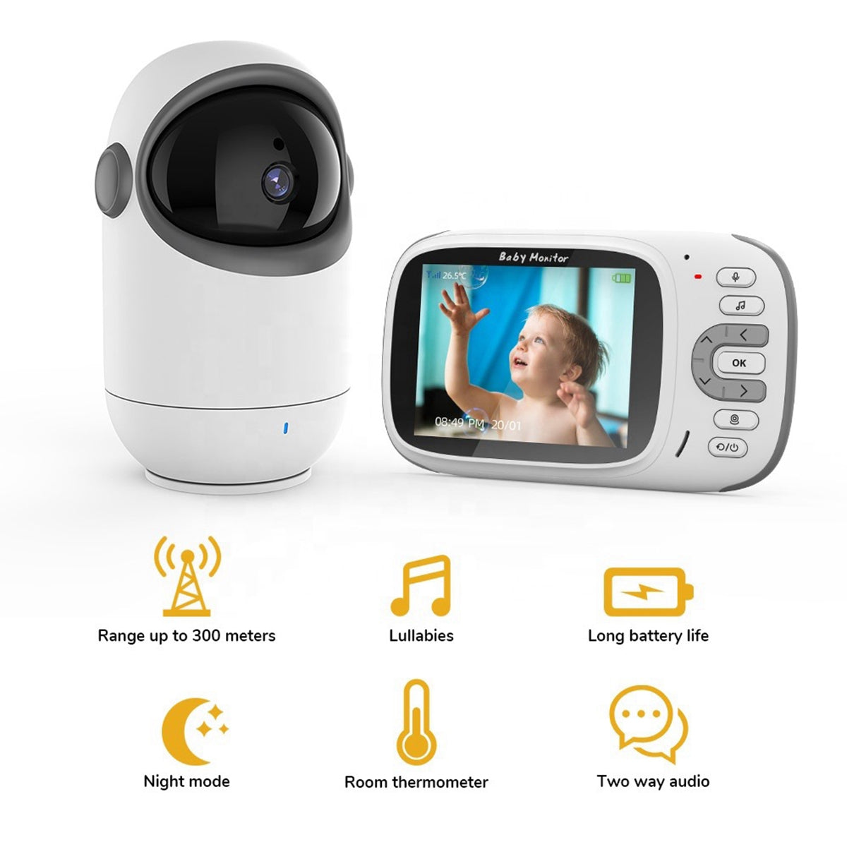 VB802 3.2 Inch Video Baby Monitor with Pan Tilt Camera Wireless Security Night Vision Temperature Monitoring Intercom Device