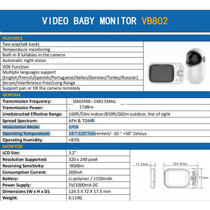 VB802 3.2 Inch Video Baby Monitor with Pan Tilt Camera Wireless Security Night Vision Temperature Monitoring Intercom Device