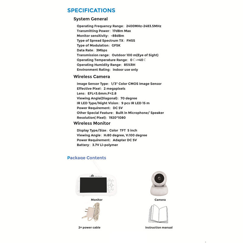 950 5-inch LCD Baby Monitor Temperature Display 2 Way Voice Baby Security Feeding Alarm Video Camera