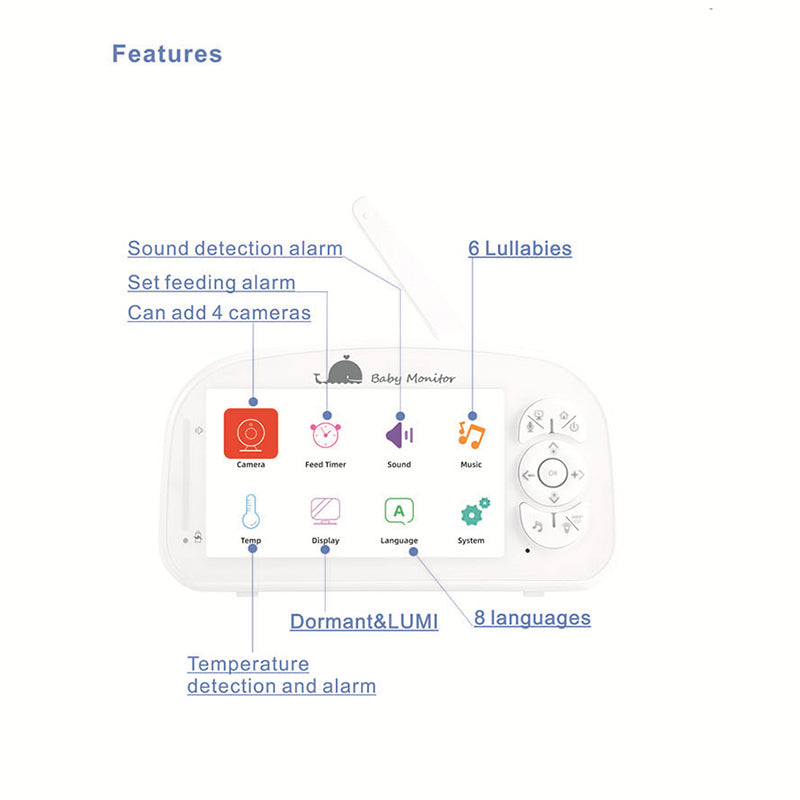950 5-inch LCD Baby Monitor Temperature Display 2 Way Voice Baby Security Feeding Alarm Video Camera