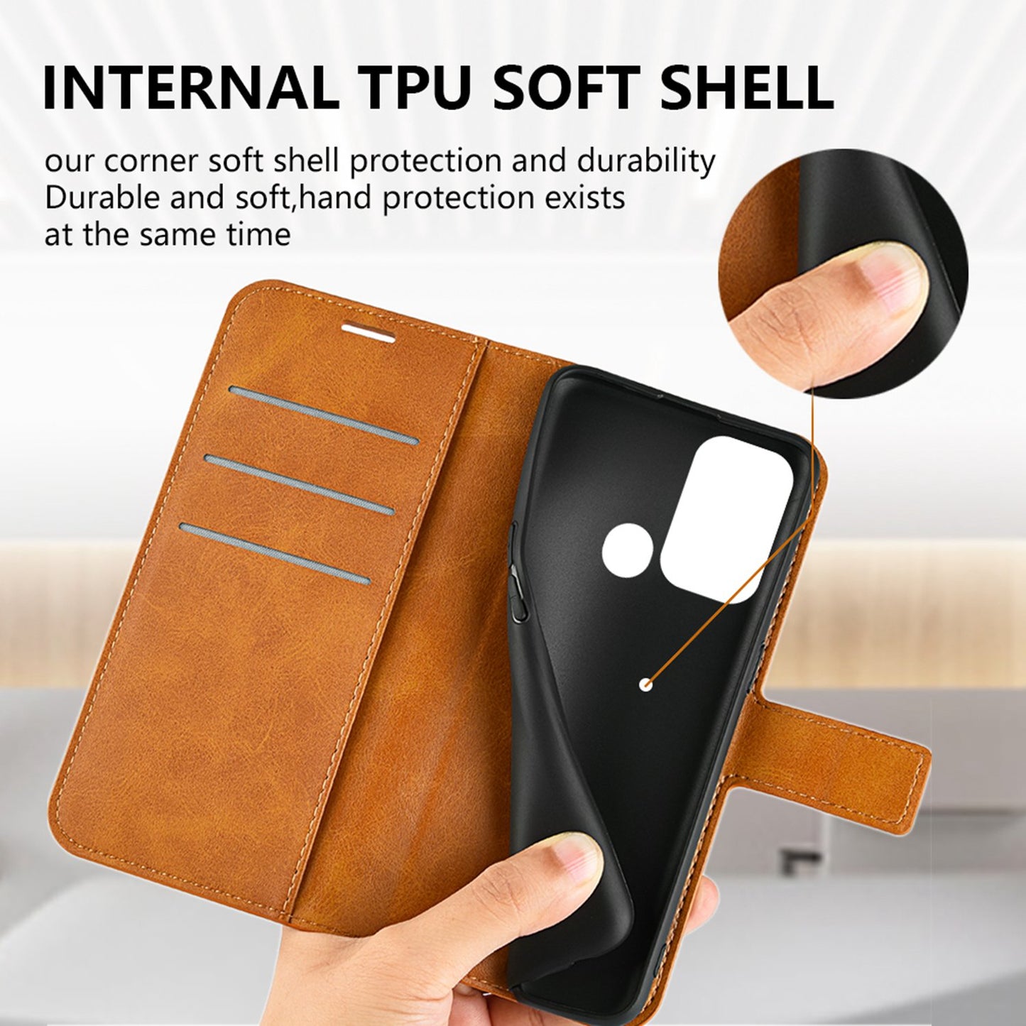 For ZTE Blade A52 Anti-drop Phone Case PU Leather Stand Wallet Feature Magnetic Cover Square Wear-resistant TPU Flip Book Cover