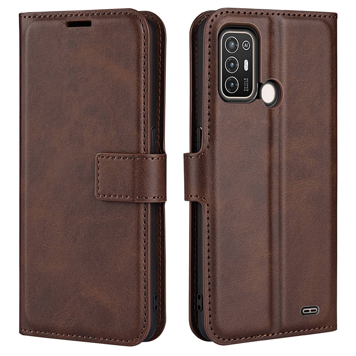 For ZTE Blade A52 Anti-drop Phone Case PU Leather Stand Wallet Feature Magnetic Cover Square Wear-resistant TPU Flip Book Cover