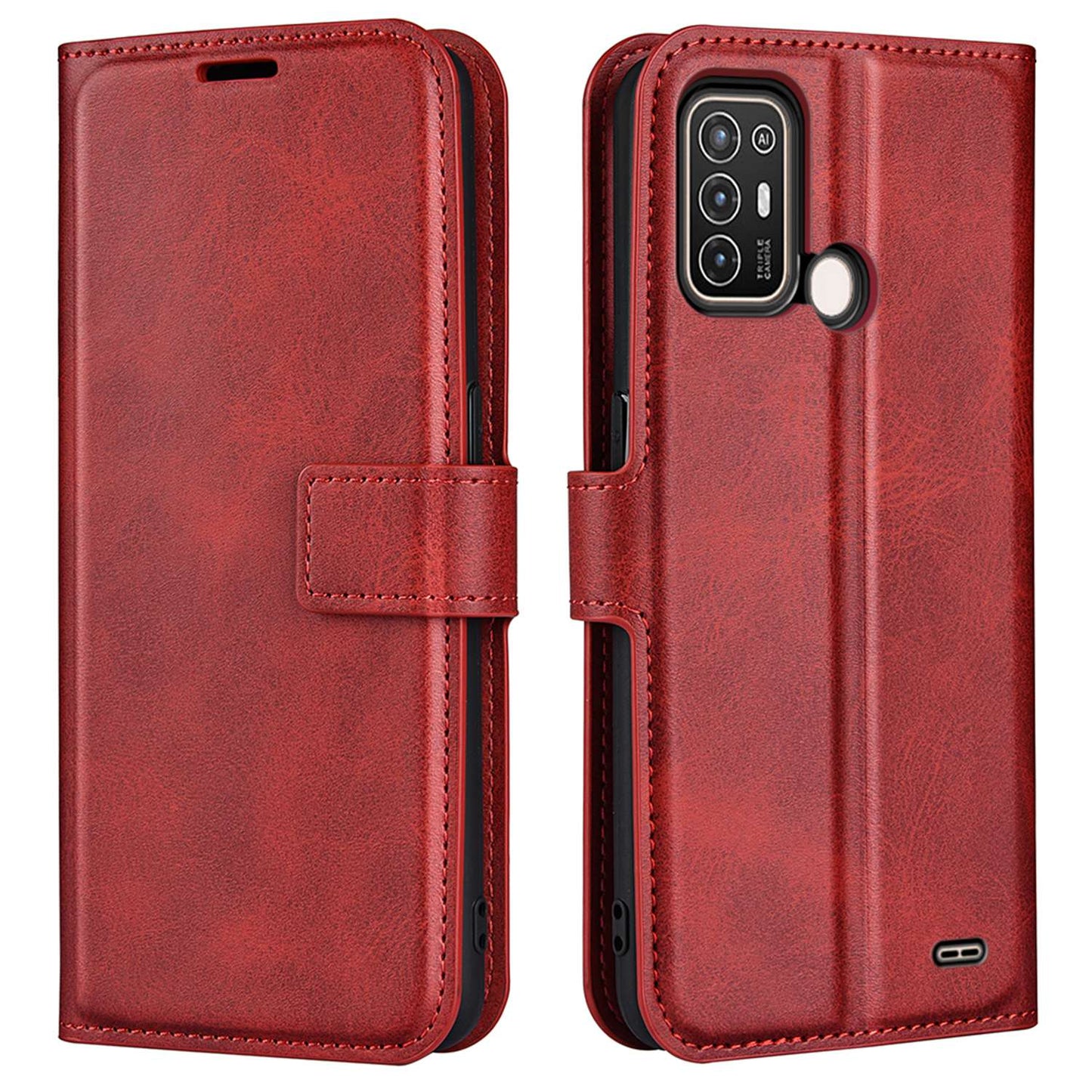 For ZTE Blade A52 Anti-drop Phone Case PU Leather Stand Wallet Feature Magnetic Cover Square Wear-resistant TPU Flip Book Cover