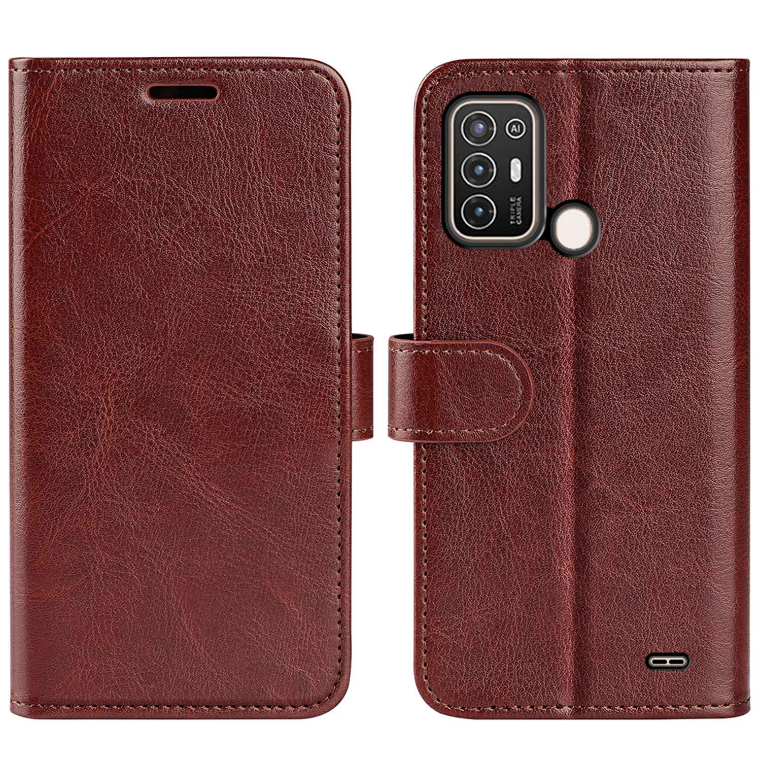 For ZTE Blade A52 Shockproof Crazy Horse Texture Phone Cover TPU+PU Leather Stand Wallet Wear-resistant Folio Flip Phone Case