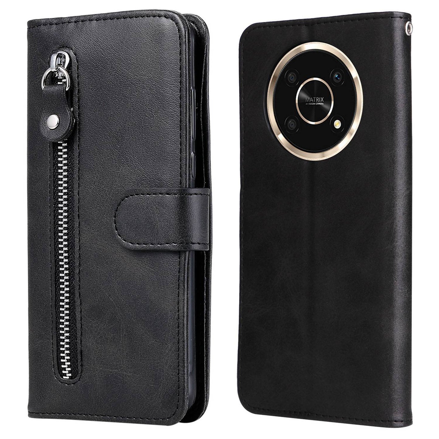 For Honor X9 4G/5G/X30/Magic4 Lite 5G/4G Outer Zipper Pocket PU Leather Wallet Cover Scratch-resistant Cell Phone Stand Protective Case