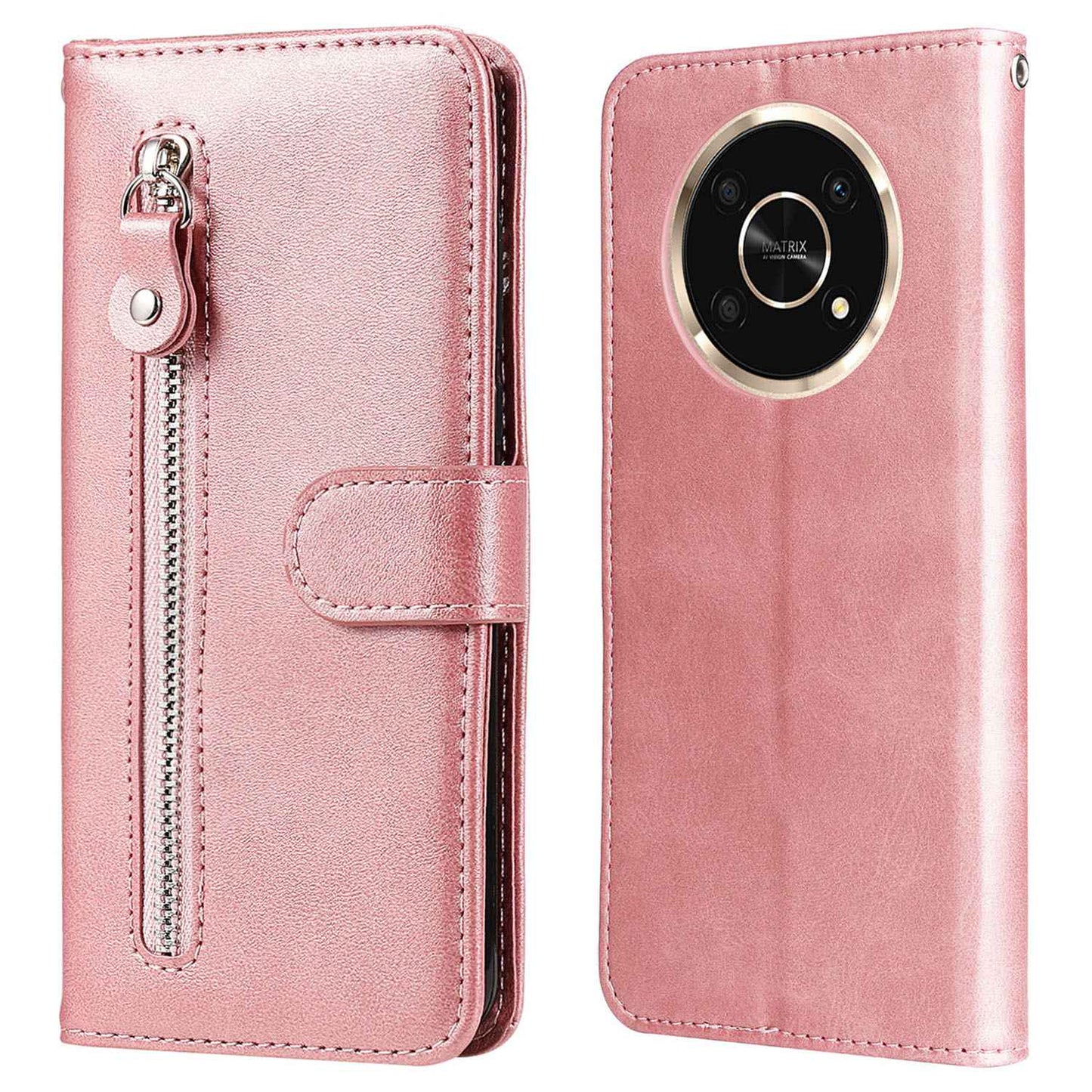 For Honor X9 4G/5G/X30/Magic4 Lite 5G/4G Outer Zipper Pocket PU Leather Wallet Cover Scratch-resistant Cell Phone Stand Protective Case