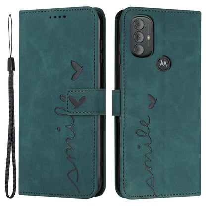 For Motorola Moto G Power (2022) Anti-drop Heart Shape Imprinted Phone Case PU Leather Skin-touch Feeling Wallet Style Shell with Stand