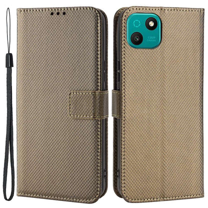 For Wiko T10 4G Diamond Texture PU Leather Cover Drop-proof Phone Stand Wallet Case with Wrist Strap