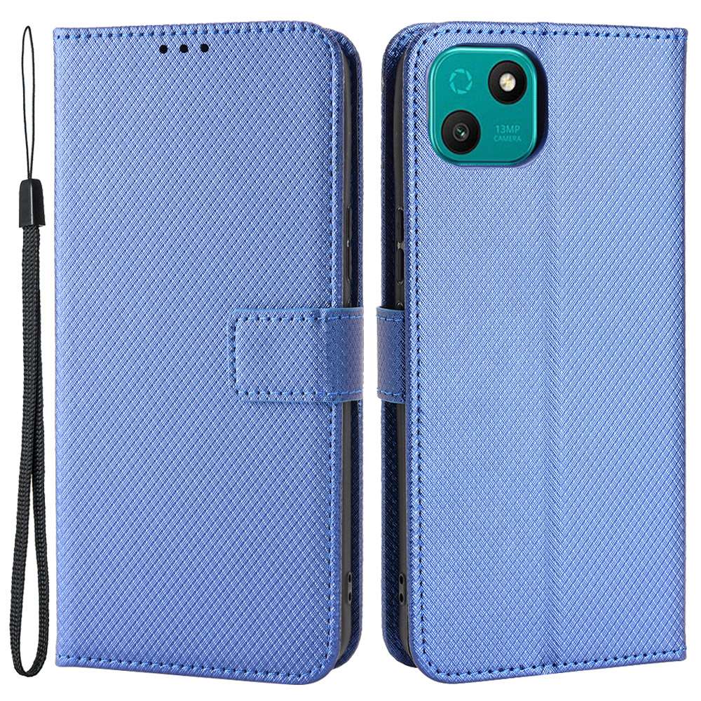 For Wiko T10 4G Diamond Texture PU Leather Cover Drop-proof Phone Stand Wallet Case with Wrist Strap