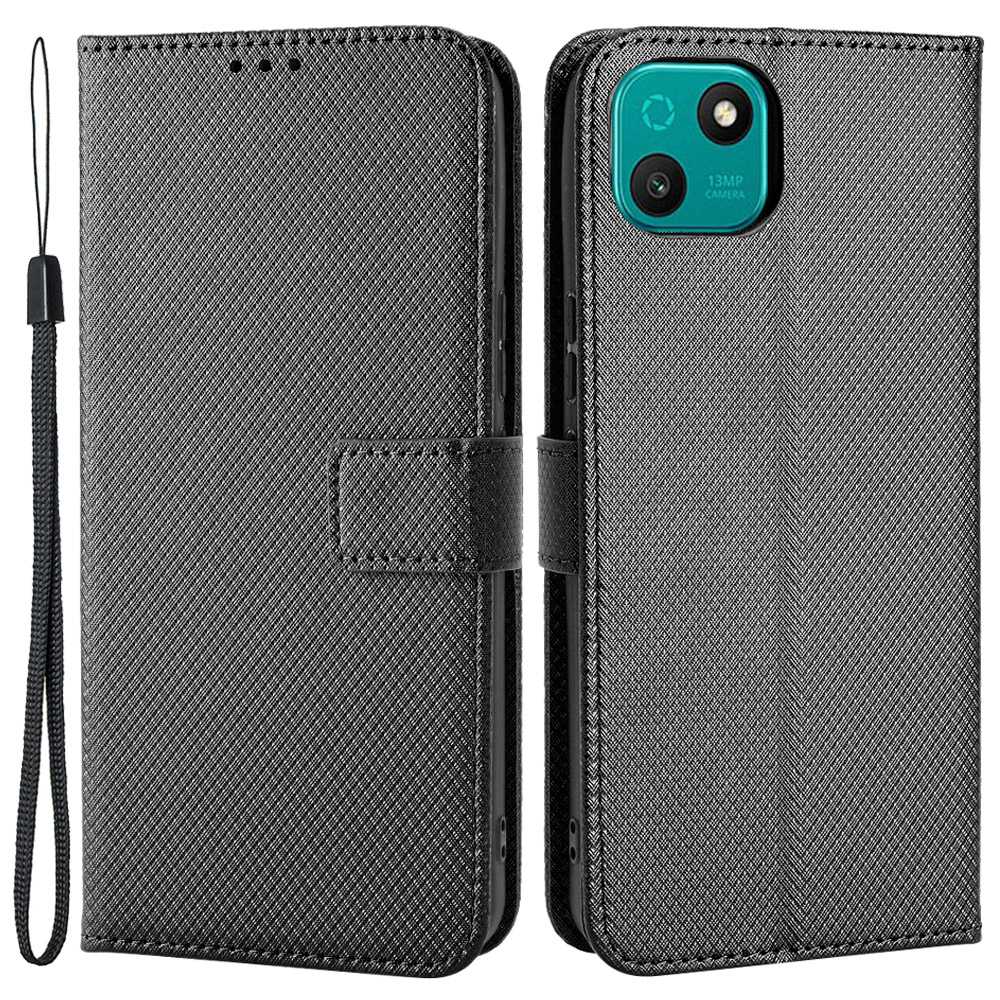 For Wiko T10 4G Diamond Texture PU Leather Cover Drop-proof Phone Stand Wallet Case with Wrist Strap